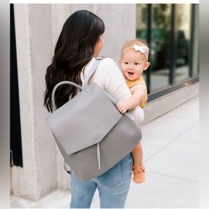 Freshly Picked Drawcord Backpack Diaper Bag Vegan Leather Magnetic Flap Grey Col